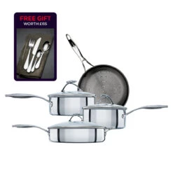 SteelShield™ Hybrid Non-Stick Frying Pan, Sauté Pan, Saucepan & Lid Set - 4 Pieces + FREE Cutlery Set