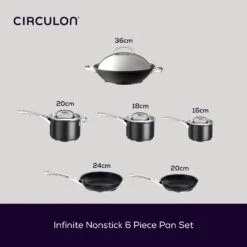 Infinite Non-Stick Induction Skillet, Saucepan & Wok Pan Set - 6 Pieces 14 Infinite Non-Stick Induction Skillet, Saucepan & Wok Pan Set - 6 Pieces -Circulon 67223 CIR Infinite Dimensions Alt