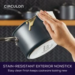 ScratchDefense Extreme Non-Stick Straining Saucepan & Lid - 2 Sizes 22 ScratchDefense Extreme Non-Stick Straining Saucepan & Lid - 2 Sizes -Circulon 81832 CIR CJM 16cmSaucepan ExteriorNonstick