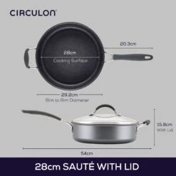 ScratchDefense Extreme Non-Stick Sauté Pan & Lid With Helper Handle - 4.7L -Circulon 81835 CIR CJM Dimensions