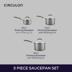 ScratchDefense Extreme Non-Stick Straining Saucepan & Lid Set - Small, Medium & Large -Circulon 81842 CIR CJM Dimensions